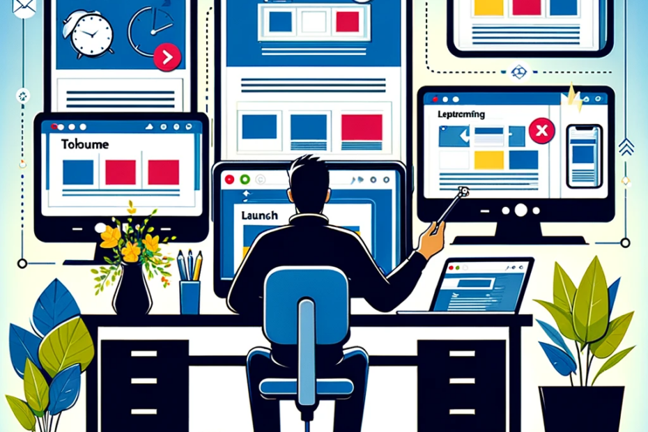 DALL·E 2024-02-02 19.38.43 – Illustrate the concept of taking a proactive step towards responsive web design, showing a web designer at a workstation with multiple screens display Webdesigner optimiert Website für responsives Design auf mehreren Bildschirmen ohne expliziten Text.